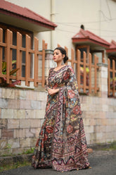 Delightful Kalamakari Worked Soft Linen Coffee Brown Cotton Saree
